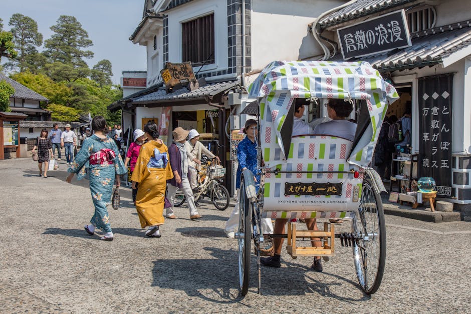 Typical day in Kurashiki with people in kimono and a rickshaw.