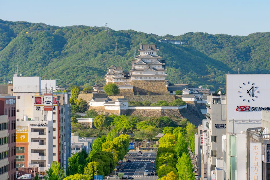 Stunning view of Himeji Castle surrounded by the city and lush greenery in Japan.