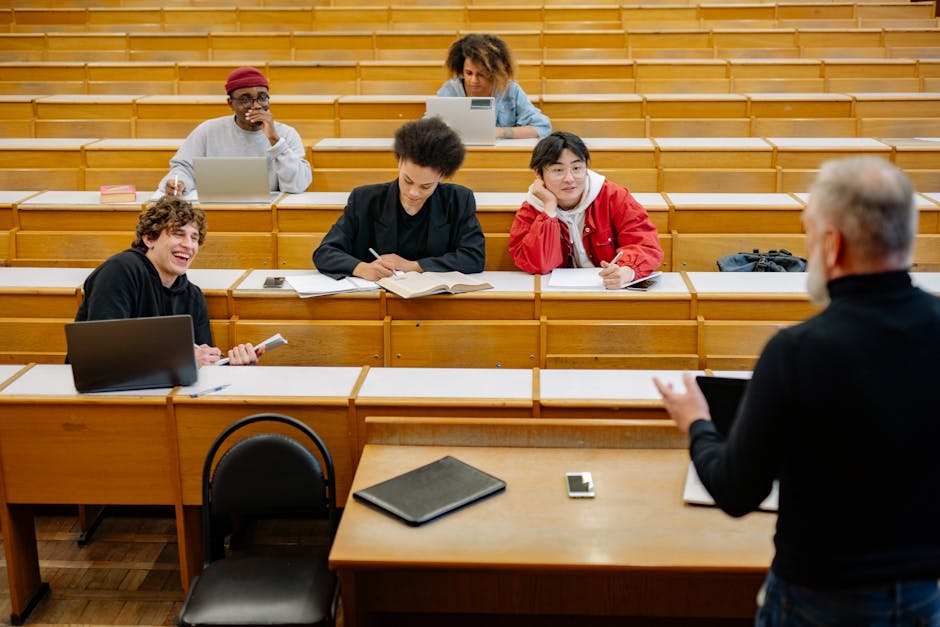 Students engaged in a lively university lecture, showcasing diversity and interaction with the professor.