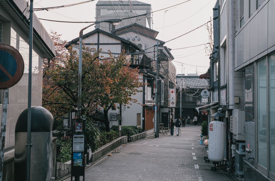 Charming alleyway with traditional Japanese houses and autumn foliage.